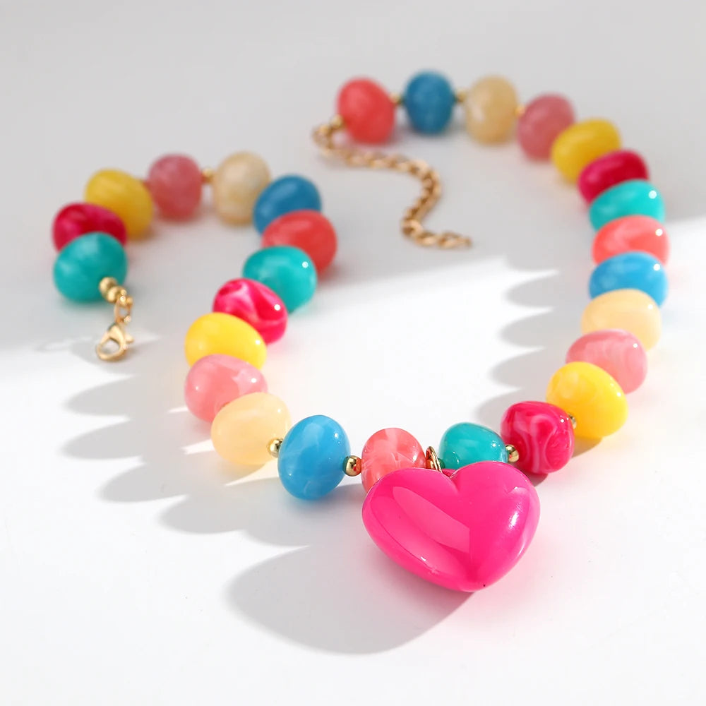 Fashion Acrylic Oval Round Beads Heat Pendant Necklace Boho Irregular Geometric Beaded Choker Necklaces New Party Jewelry Gifts