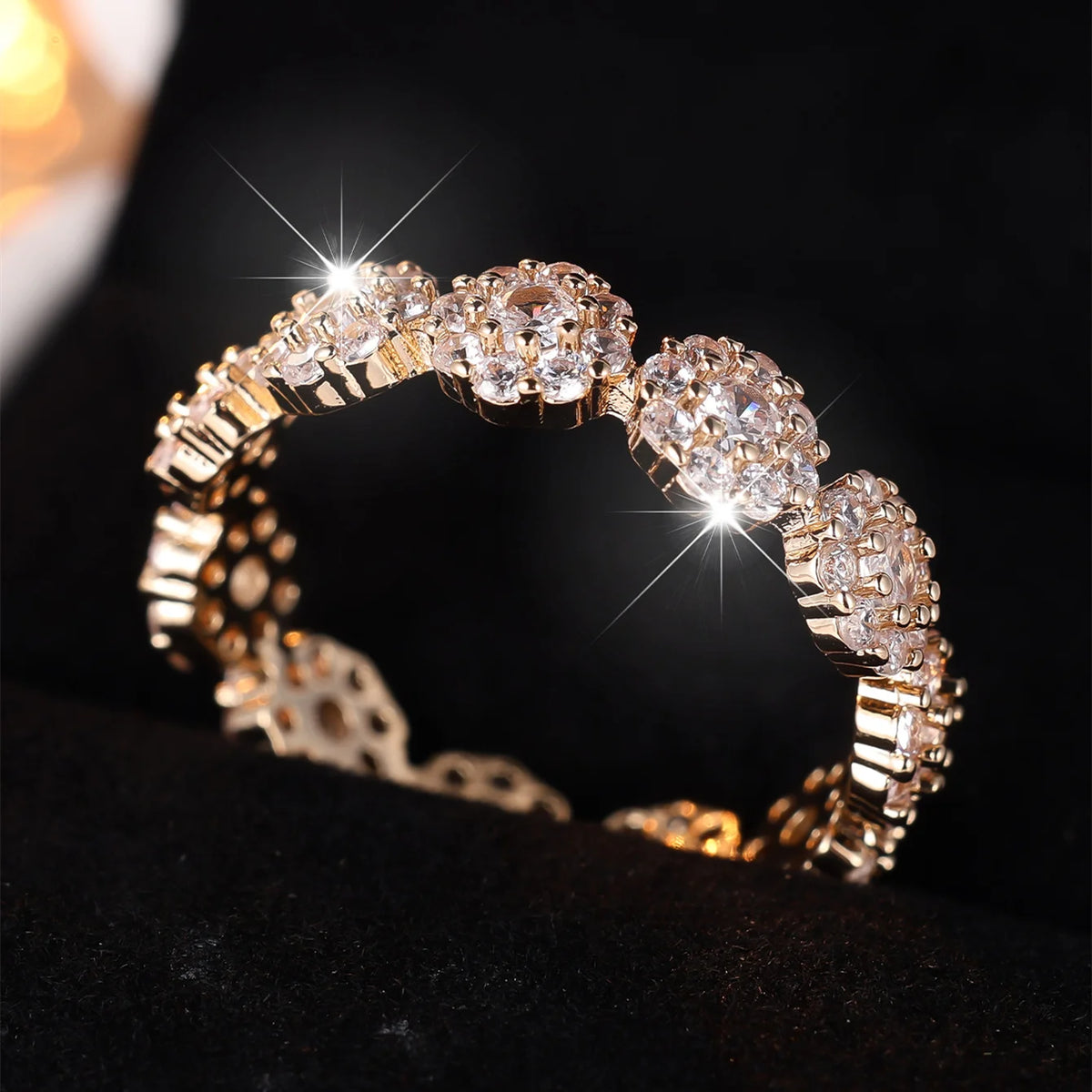 Cute Female White Zircon Stone Flower Ring Gold Color Engagement Charm Wedding Jewelry For Women