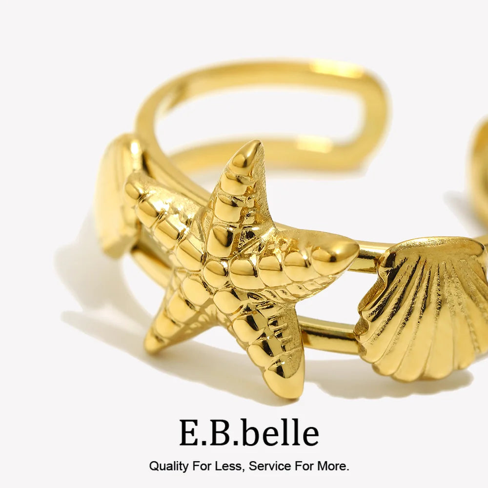 E.B.belle Ocean Style Double Layer Starfish Shell Opening Ring For Women Stainless Steel Gold Plated Vacation Chic Jewelry