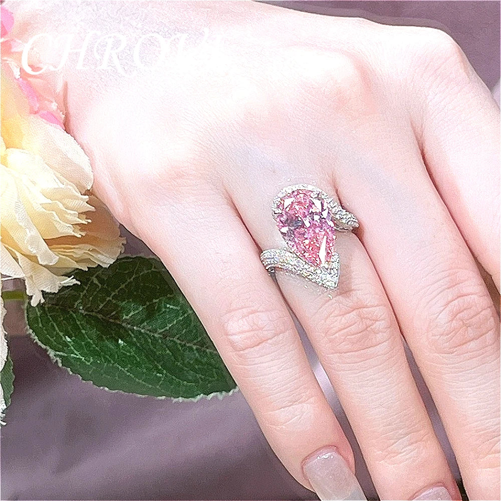 Luxury-Style 925Sterling Silver Drop-shaped Pink Zirconia Fashion Ring Full Diamond-Engraved Elegant Open Design Women's Jewelry