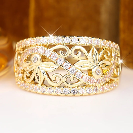 Small Round Skeleton Flower Cute Female White Zircon Stone Ring Vintage Gold Color Wedding Jewelry For Women