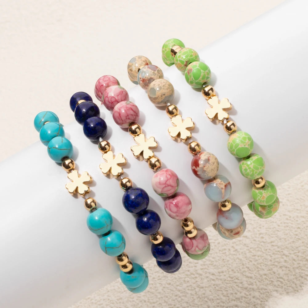 New 8MM Natural Stone Girl Bracelets Colorful Round Beads Alloy Gold Color Cross Women Bangle Fashion Jewelry Accessories 2024