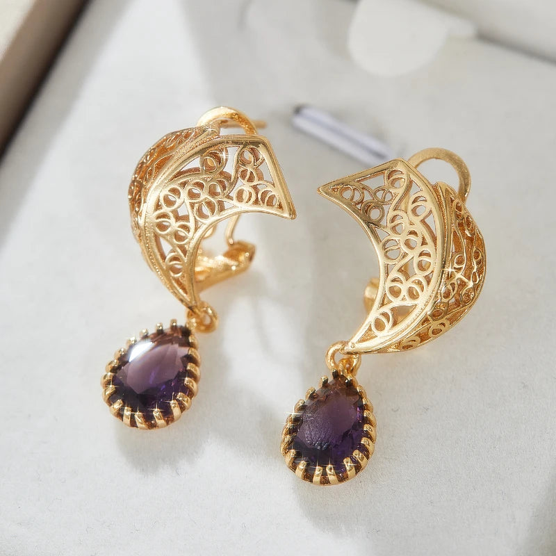 Luxury Female Purple Cubic Zirconia Earring Gold Color Earrings for Women Charm Geometric Wedding Party Jewelry Accessories