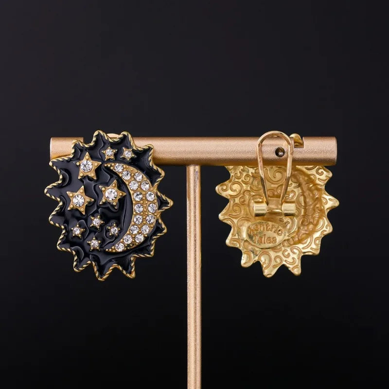 NISHIZAWA Stars Moon Earrings for Women Vintage Court Style Elegant Fashion Jewelry Rhinestones Black Aretes De Mujer