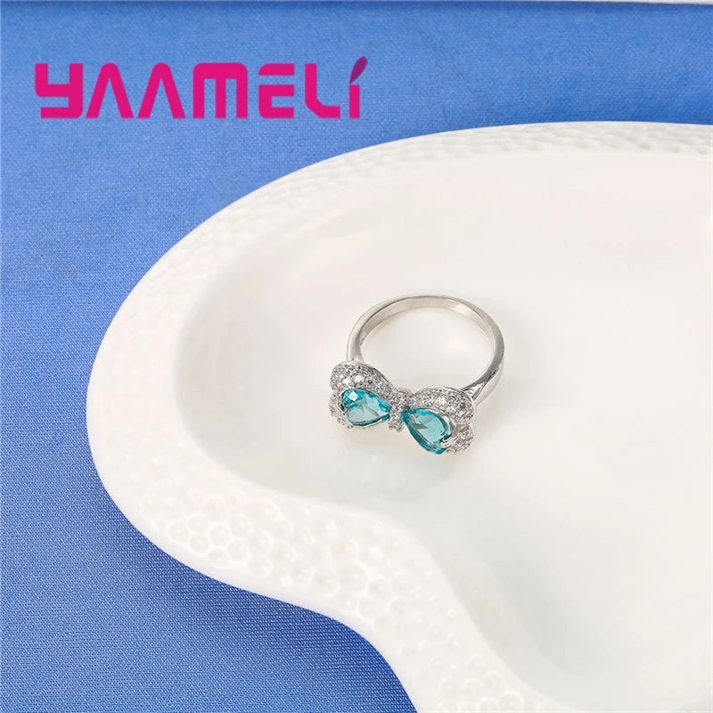 Popular Sweet Bowknot Shape Shininy Crystals 925 Sterling Silver Color Finger Rings For Girls Best Gifts Trendy Bague Jewelry