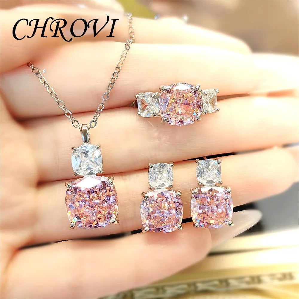 Fashion 925 Sterling Silver Pink Diamond Necklace with Purple Pendant, Stud Earrings, Ring, and Coloured Gemstone Set for Women