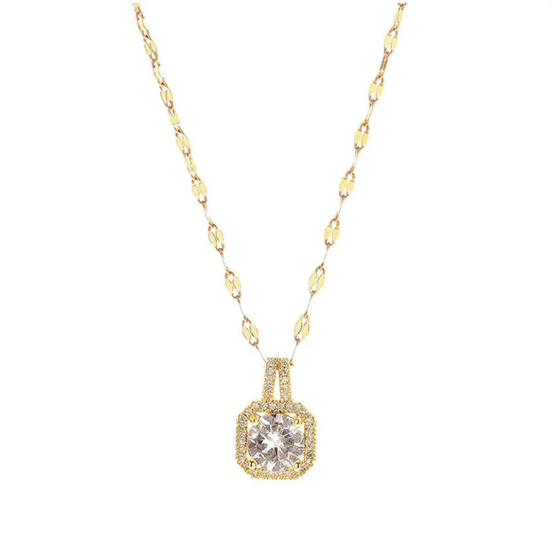 Korean Style Fashion Square Zircon Stainless Steel Necklaces For Women Luxury Elegant Female Clavicle Chain Jewelry Wholesale