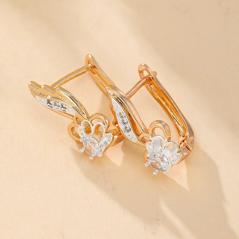 Luxury Elegant Full Shiny Zircon Dangle Gold Color Flower Earrings for Women Girl Wedding Party Fine Jewelry Daily Accessories