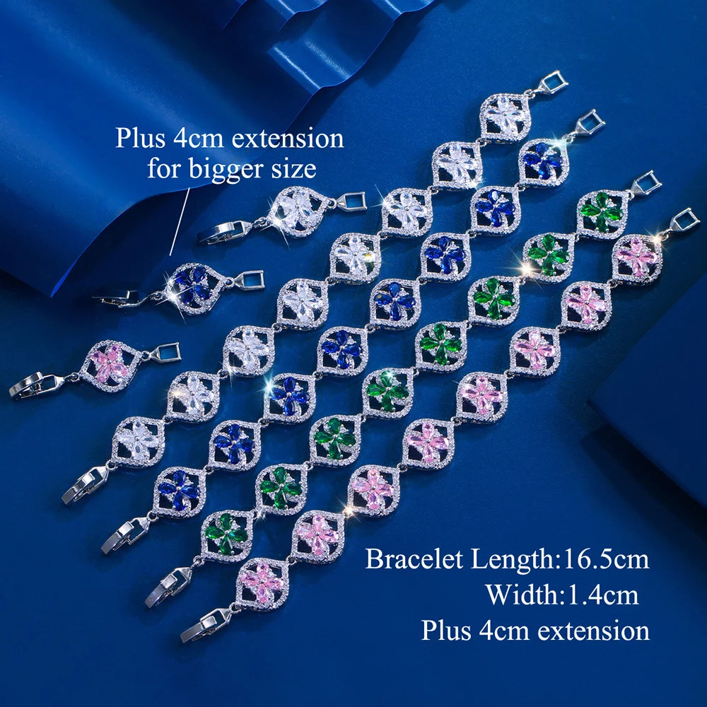 ThreeGraces Luxury Shiny Pink Cubic Zirconia Big Flower Leaf Shape Bridal Wedding Party Link Chain Bracelet for Women BR439