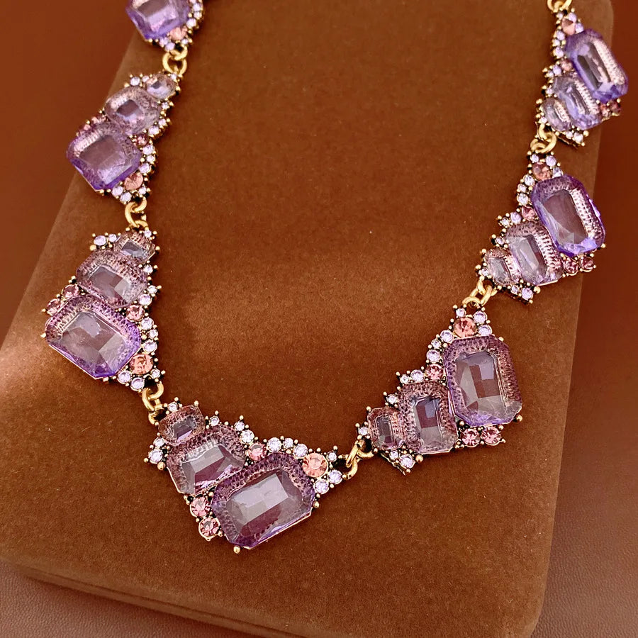1 Pcs Purple Square Rhinestones Chokers Necklaces Retro Shiny Geometric Drop Earring Luxury Jewelry Set Gifts Wedding Party N