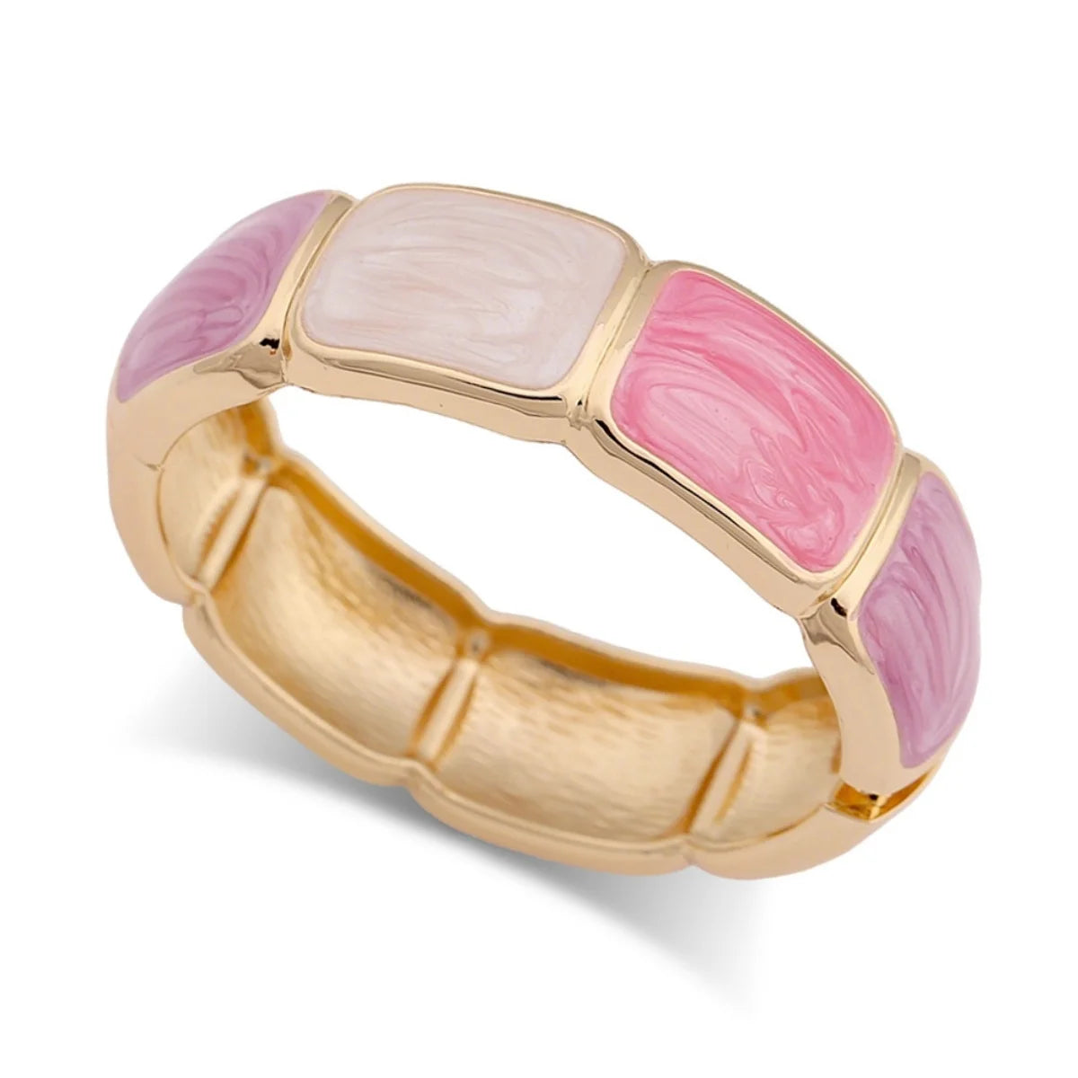 KMVEXO Pink Purple Imitation Enamel Chunky Metal Bangles for Women Geometric Splicing Resin Elasticity Bracelets Daily Jewelry