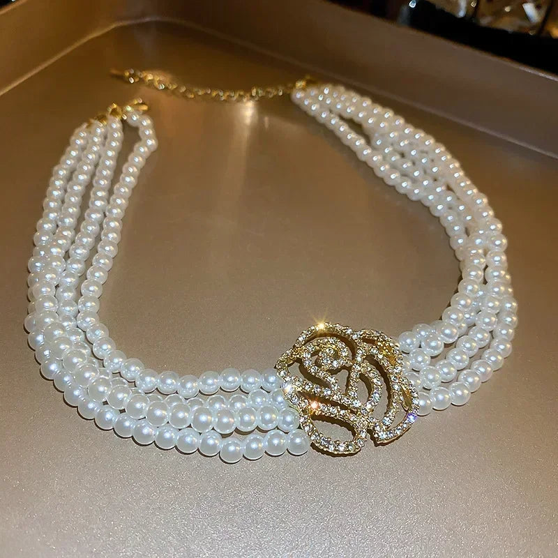 Elegant Multilayer Pearl Choker Necklaces for Women Crystal Flowers Necklaces Weddings Party Jewelry