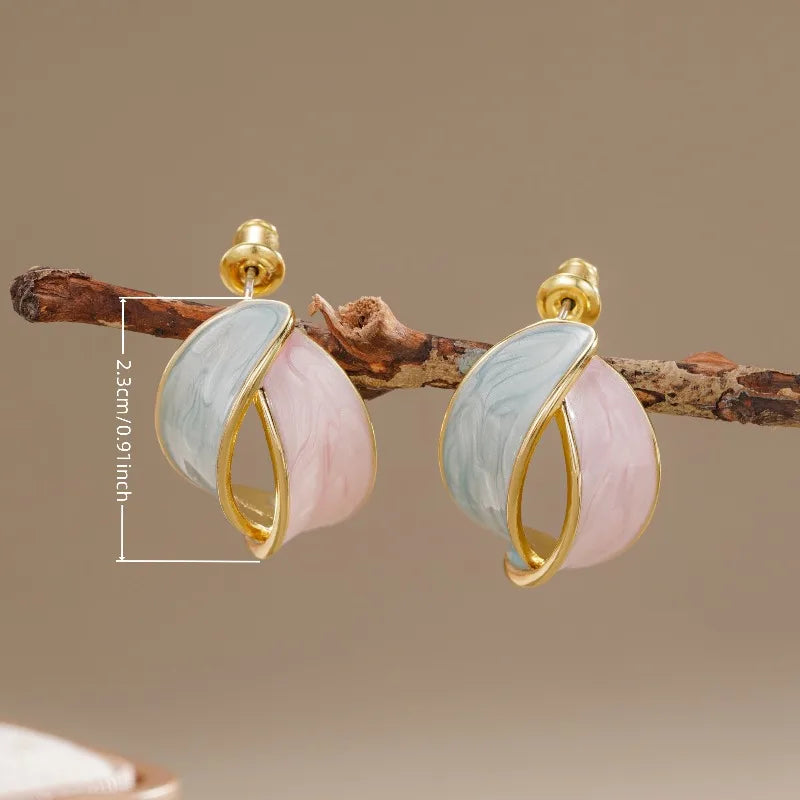 Elegant Wave Design Lady Stud Earring Fresh Style with Pink/Mint Green Enamel Aesthetic Party Accessories Wedding Trendy Jewelry
