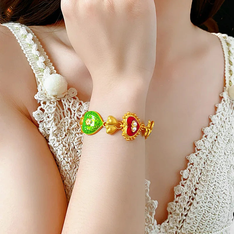 Vintage Bracelet Earrings Set for Women Drip Oil Love Flower Drop Earrings Light Luxury Jewelry Sets Wedding Party Gift
