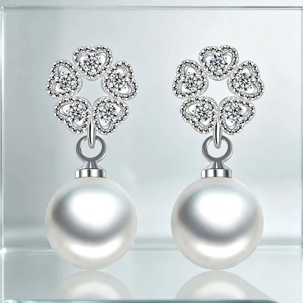 Small Love Heart Luxury Female White Pearl Zircon Stone Stud Earrings Silver Color Wedding Jewelry For Women