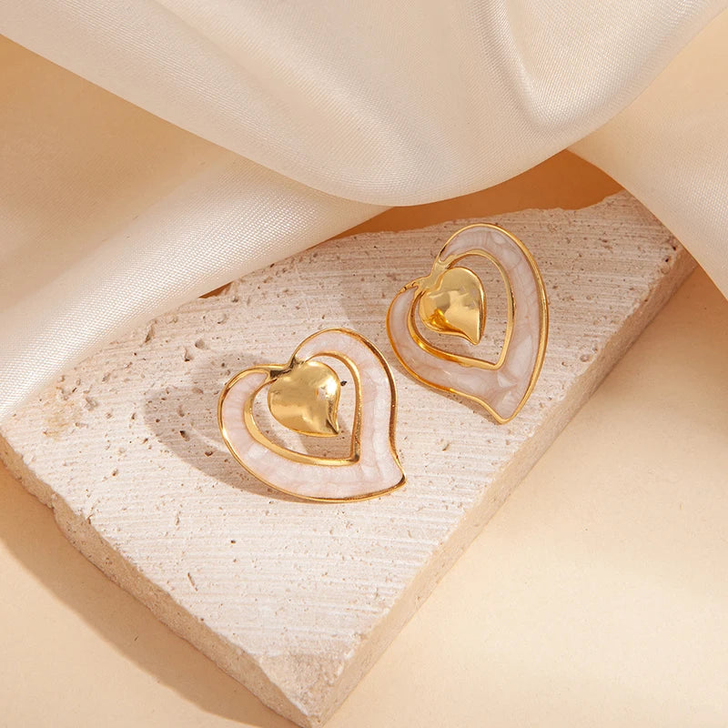ANENJERY 316L Stainless Steel Hollow Double Heart Stud Earrings For Women Special Luxury Design Lady Jewelry Gifts