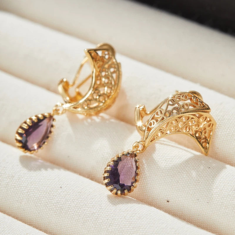 Luxury Female Purple Cubic Zirconia Earring Gold Color Earrings for Women Charm Geometric Wedding Party Jewelry Accessories