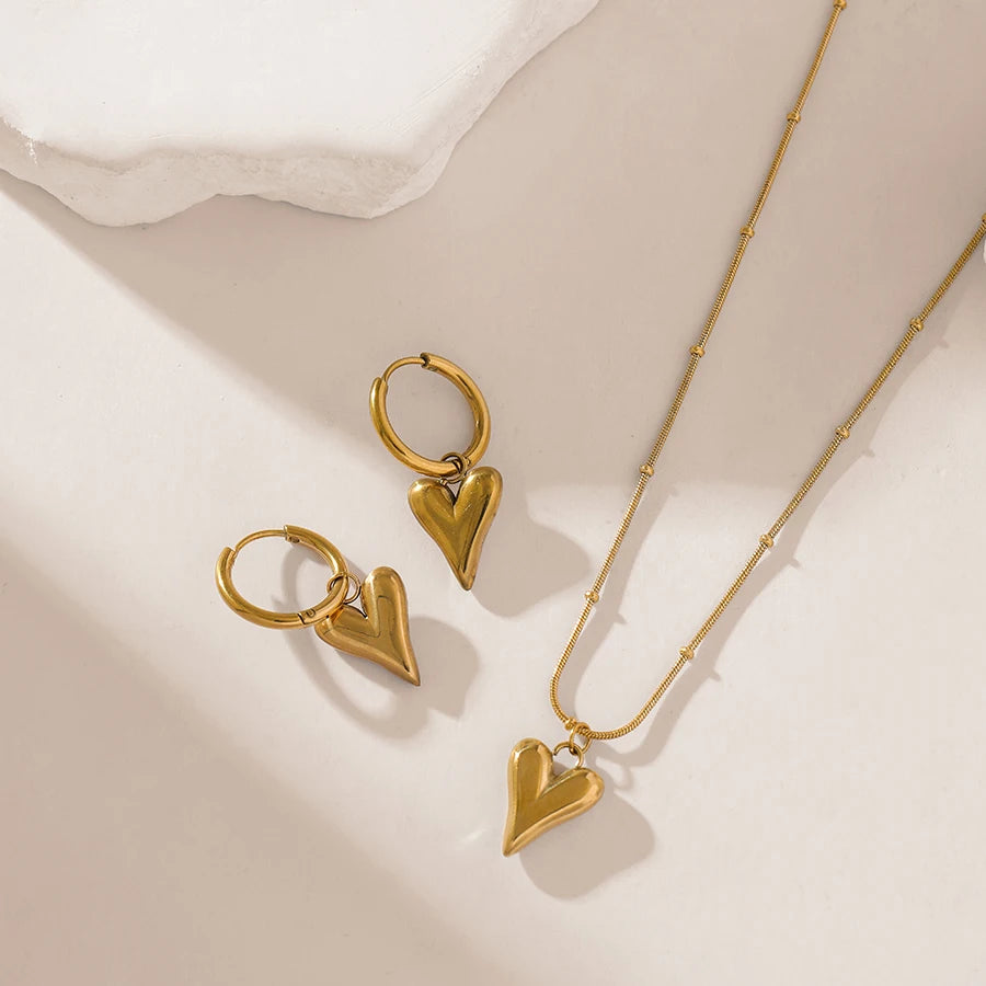 EILIECK New Fashion Stainless Steel Metal Heart Pearl Necklace Earrings For Women Trendy Gold Color Waterproof Jewelry Set Gift