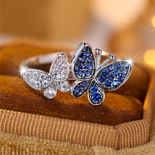 Trendy Blue White Zircon Stone Cute Butterfl Vintage Silver Color Wedding Bands Engagement Rings For Women Men Jewelry