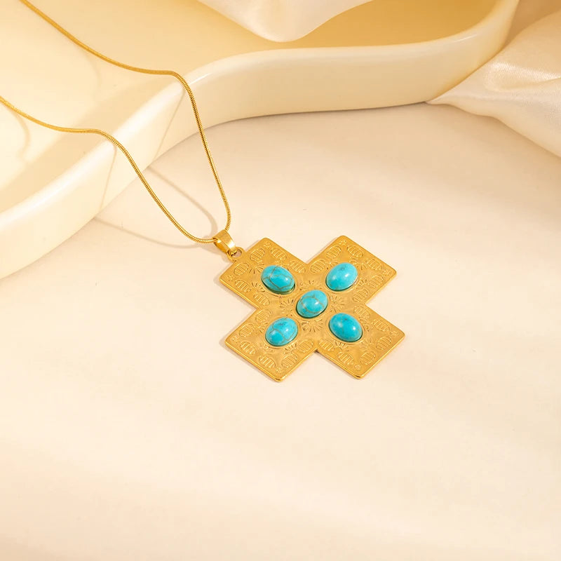 ANENJERY 316L Stainless Steel Turquoise Cross Butterfly Geometry Pendant Necklace For Women Niche Boho Exaggerated Jewelry Gifts