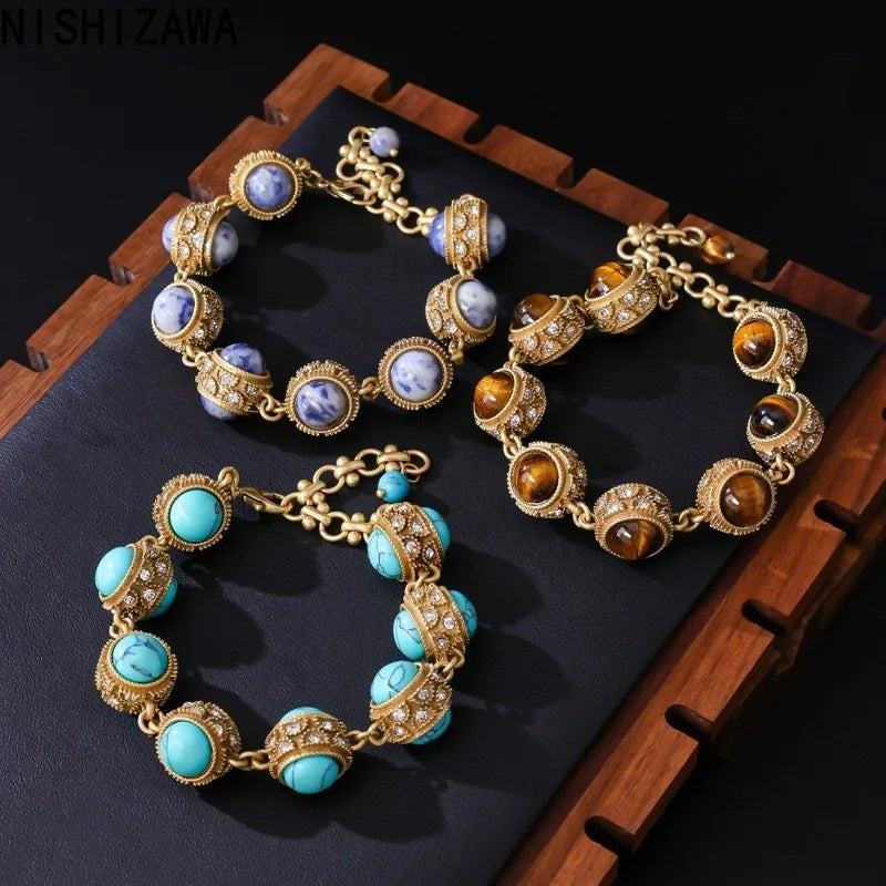 Natural Stone Bracelets for Women Vintage Palace Style Versatile Jewelry Geometric Light Luxury Elegant Pulseras Mujer