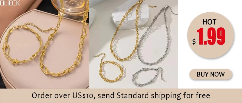 \EILIECK Stainless Steel Metal Gold Color Chain Necklace Bracelet For Women New Fashion Waterproof Collar Jewelry Set Gift Party