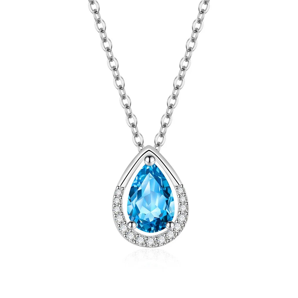 925 Sterling Silver Teardrop Shape Blue CZ Pendant Necklace Earrings Set for Women Wedding Necklace Gift Jewelry