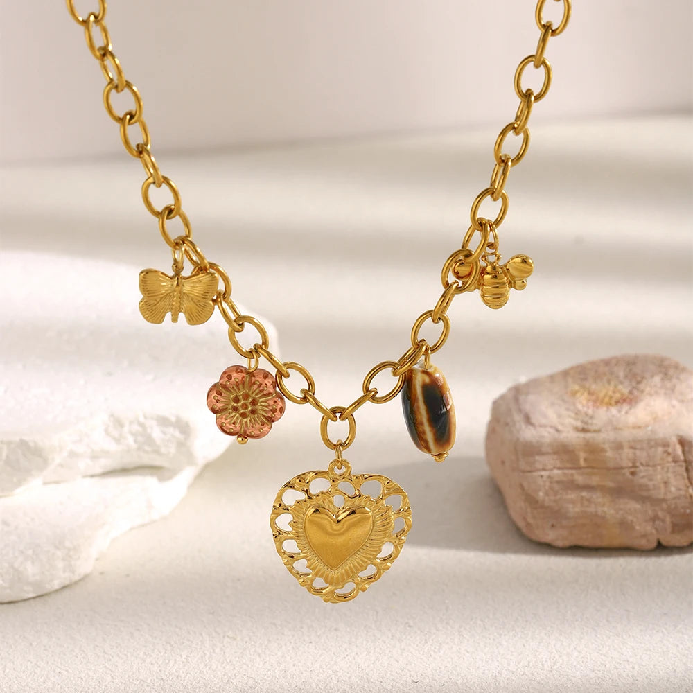 E.B.belle Vintage Style PVD Plated  Hollow Heart Butterfly Charm Necklace Stainless Steel Women Waterproof Party Neck Jewelry