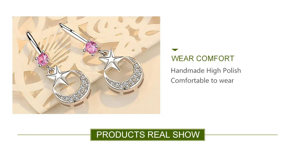 ZDADAN 925 Sterling Silver Star Moon CZ Dangle Earrings For Women Fashion Jewelry