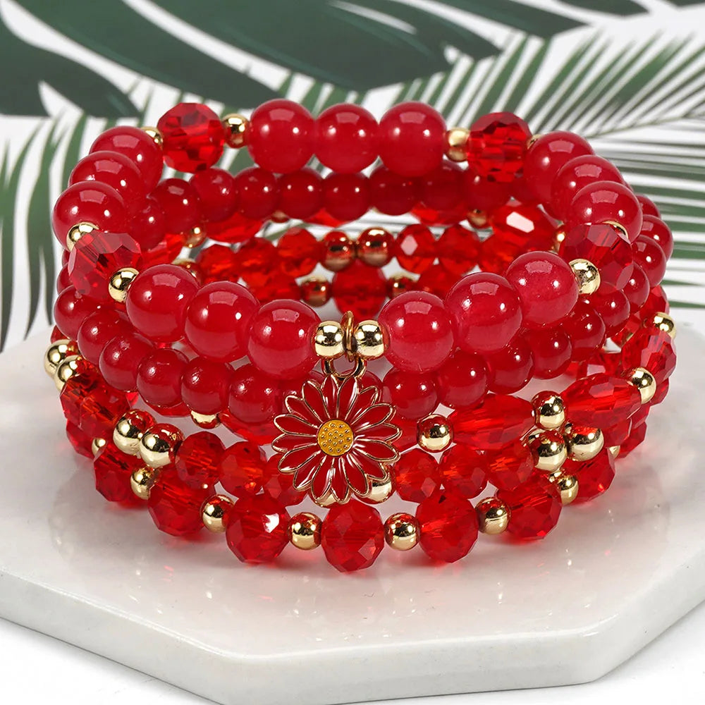 Bohemian Daisy Flower Charm Colorful Crystal Beaded Bracelet Set for Women Summer Beach Hand Jewelry Accessory Boho Wrsit Chains