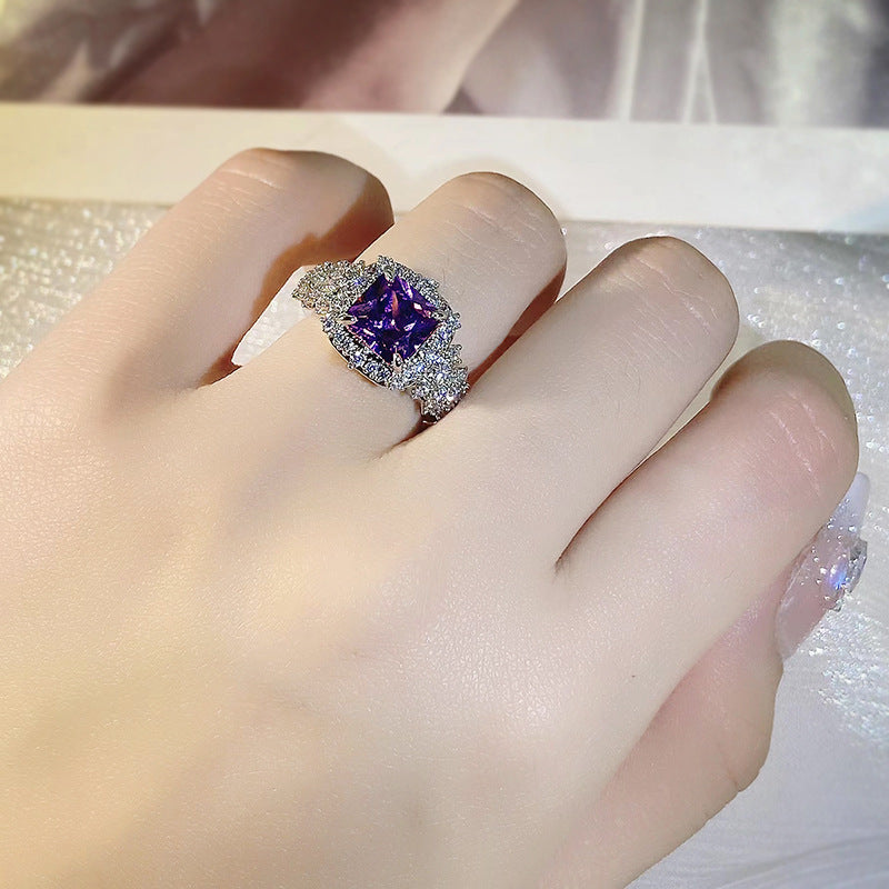 Delicate 925 Silver Color Ring Rectangle Purple Zircon Open Finger Ring Wedding Jewelry Accessories For Women