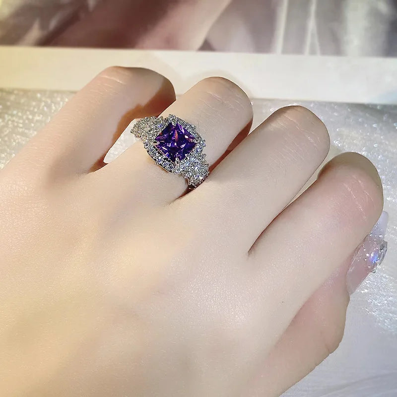 Delicate 925 Silver Color Ring Rectangle Purple Zircon Open Finger Ring Wedding Jewelry Accessories For Women