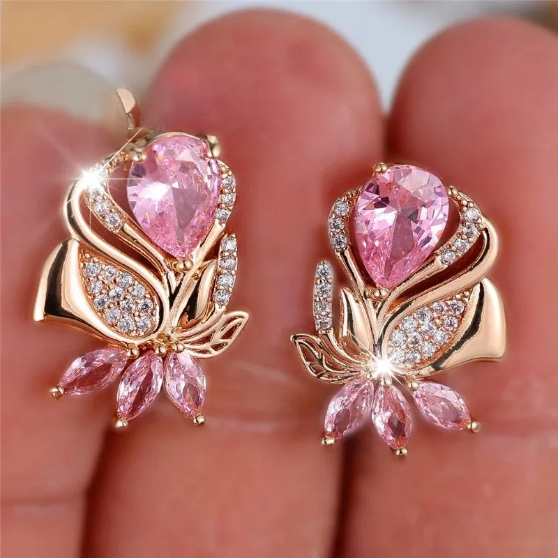 Luxury Female Pink Zircon Hoop Earrings For Women Gold Color Wedding Jewelry Daily Accessories Party Jewelry Gift for Girlfriend