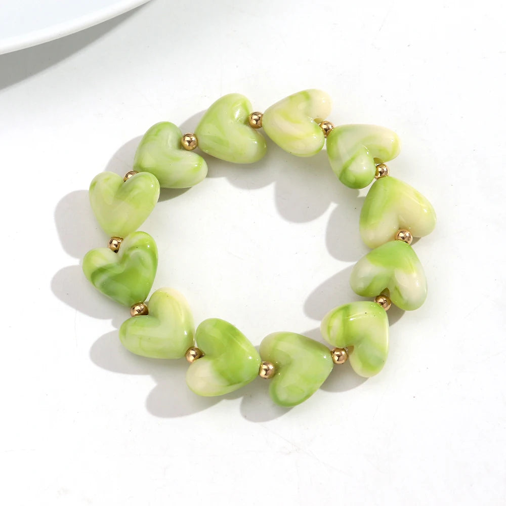 Cute Acrylic Colorful Geometric Heart Beads Elastic Bracelets New Love Heart Beaded Stackable Bangle Bracelet Women Jewelry Gift