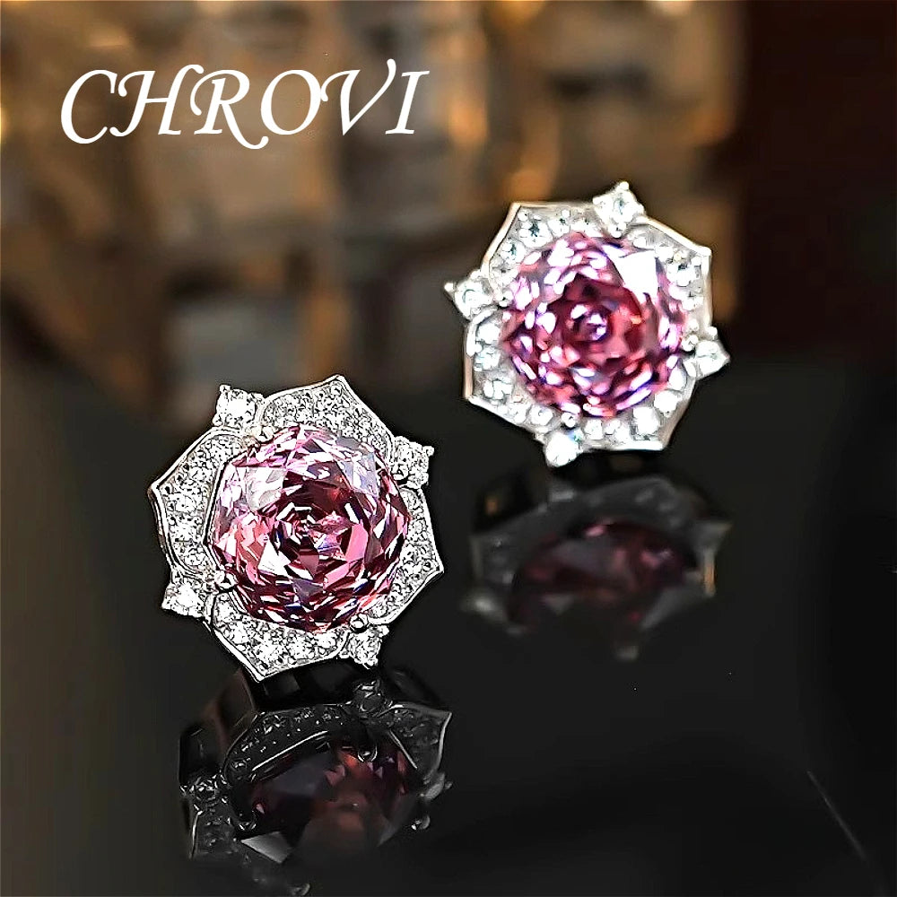 Luxury-Style 925 Sterling Silver Rose Diamond Flower Necklace Pendant Earring Ring Women's Set