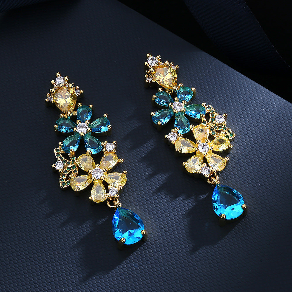 Bohemian colorful zircon flower earrings 925 silver needle fashion heavy industry new personality earrings female wholesale