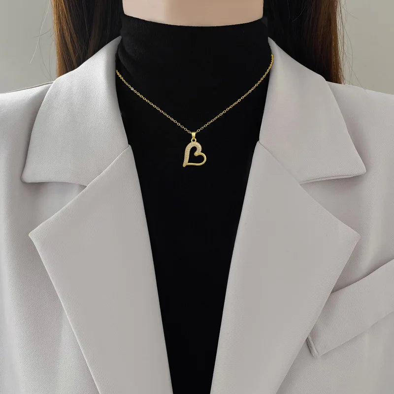 Luxury Heart Necklace for Women Full Paved Bling Cubic Zirconia 14k Gold Color Exquisite Necklace Female Wedding Jewelry