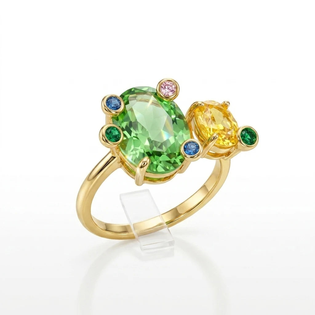 Gold Open Adjustable Ring Women Oval Multicolor Sparkling CZ Finger Ring Versatile Jewelry For Daily Party Dating Vacation Gift