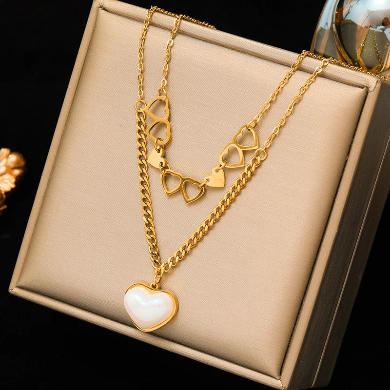 EILIECK 316L Stainless Steel Heart Love Pearl Pendant Necklace For Women Fashion Multilayer Neck Chain Jewelry Gift Collier