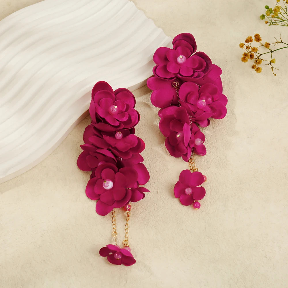 Badu Bohemia Fabric Flower Dangle Long Earrings for Women Luxury Design Wedding Party Elegant Jewelry 2024