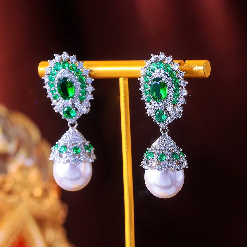 ThreeGraces Luxury Shiny Green White Zirconia Fashion Bridal Wedding Party Big Simulated Pearl Earrings for Women Jewelry E2035