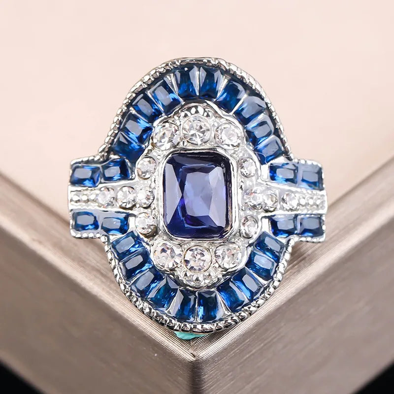 Fashion Exquisite Blue Rings Women Anniversary Evening Party Dazzling Zircon Silver Color Elegant Lady's Luxury Jewelry Gifts