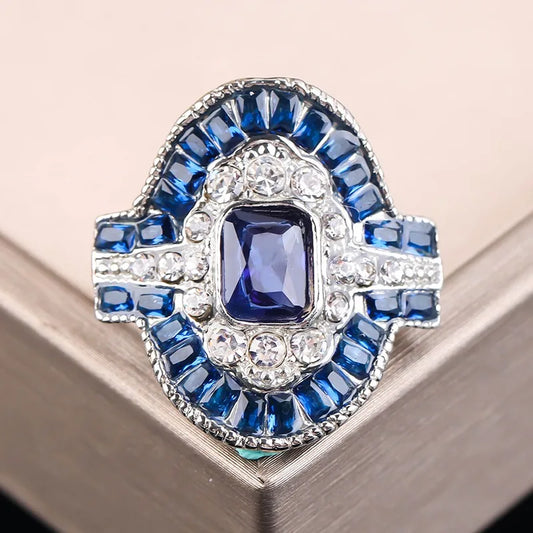Fashion Exquisite Blue Rings Women Anniversary Evening Party Dazzling Zircon Silver Color Elegant Lady's Luxury Jewelry Gifts