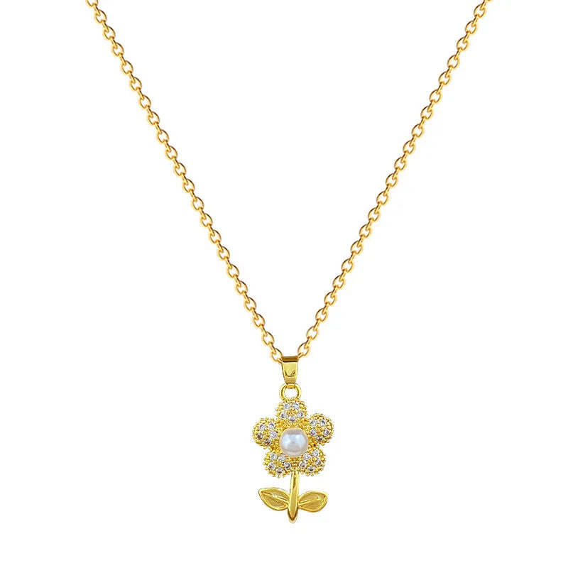 Sparkling Luxury Cubic Zirconia Pearl Flower Pendant Stainless Steel Women's Necklace Fashion Waterproof Jewelry Gift