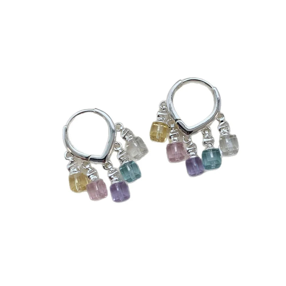 Simple Luxury Charm Female Small Geometric Rainbow Zircon Stone Drop Dangle Earrings Cute Silver Color Party Jewelry For Women