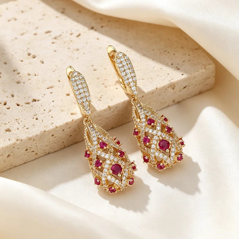 Elegant Hollow Teardrop Drop Earrings Gold Color Earring Sparkling Cubic Zirconia Earring Bridal Statement Jewelry Wedding Party