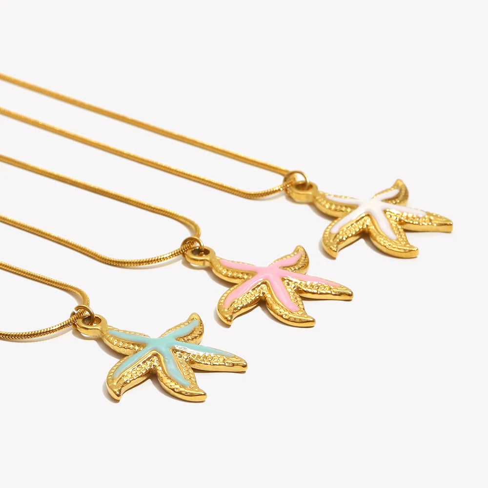 E.B.belle Summer Beach Cute Coloful Starfish Pendant Necklace 18K Gold Plated  316L Stainless Steel Holiday Neck Jewelry