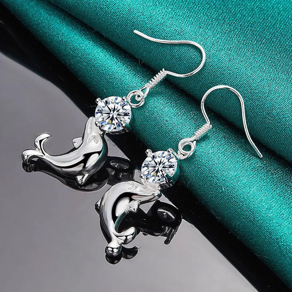 URMYLADY 925 Sterling Silver Dolphin Zircon Earrings Eardrop For Women Charm Wedding Fashion Engagement Jewelry