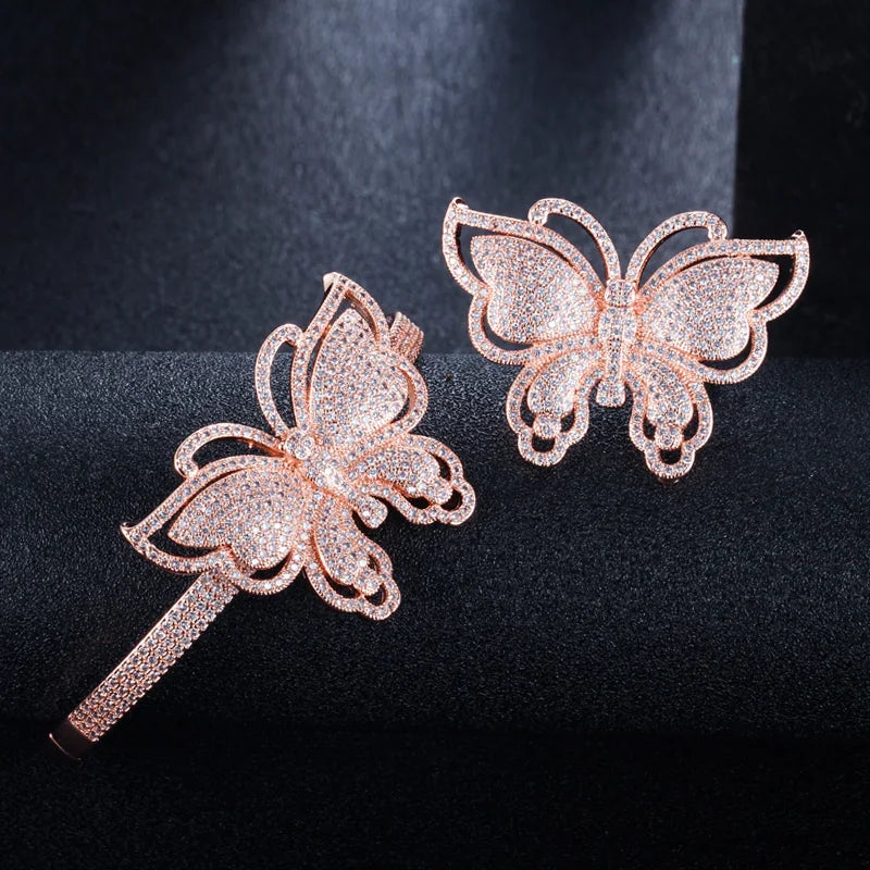 ThreeGrace Luxury Sparkling Cubic Zirconia Wedding Bridal Party Big Butterfly Finger Ring and Bangle Jewelry Set for Women JS543