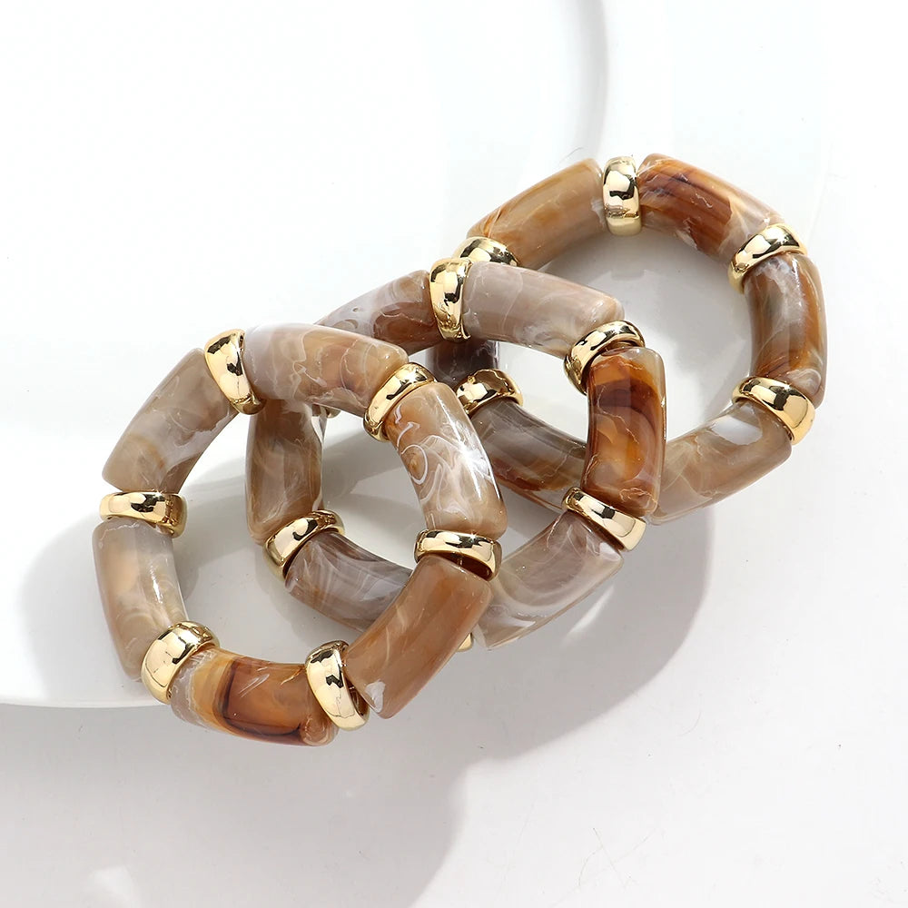 3pcs Fashion Chunky Tube Beaded Elastic Bangle Bracelets Acrylic Marbled Geometric Curved Beaded Bracelet Vintage Jewelry Gifts